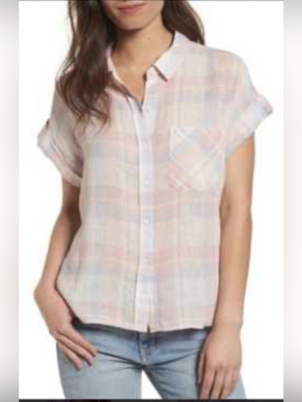 Rails Whitney linen blend white & pink Plaid top Shirt coastal Beachy Sz Lg